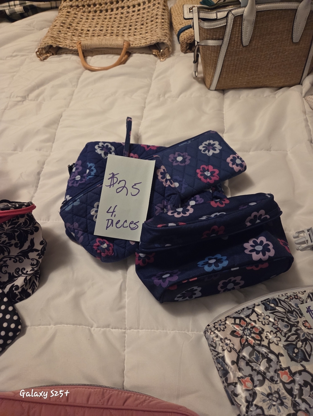 Vera Bradley Navy Floral Cosmetic Bag with Pink, Purple & Light Blue Flowers